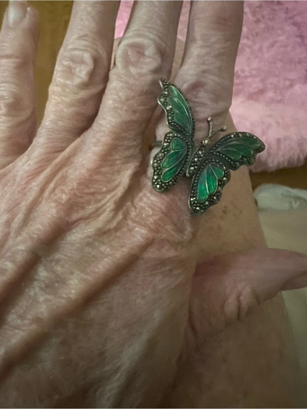 Vintage 925 Thailand Green Cloissonne Enamel Marcasite Butterfly Statement Ring